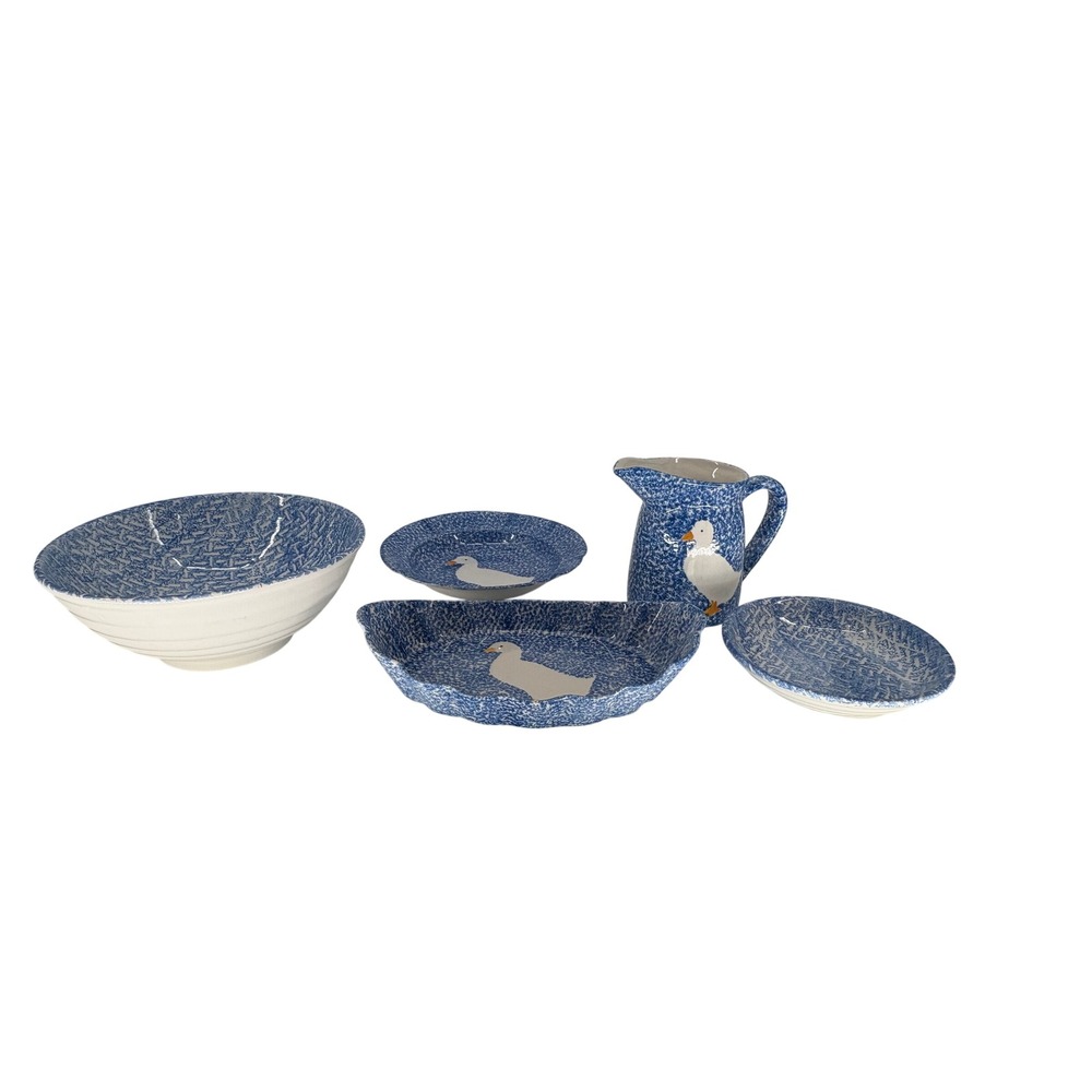 Vintage Blue Speckled Spongewear Goose Duck Pottery Set 5pc Country Farmhouse - Picture 15 of 15